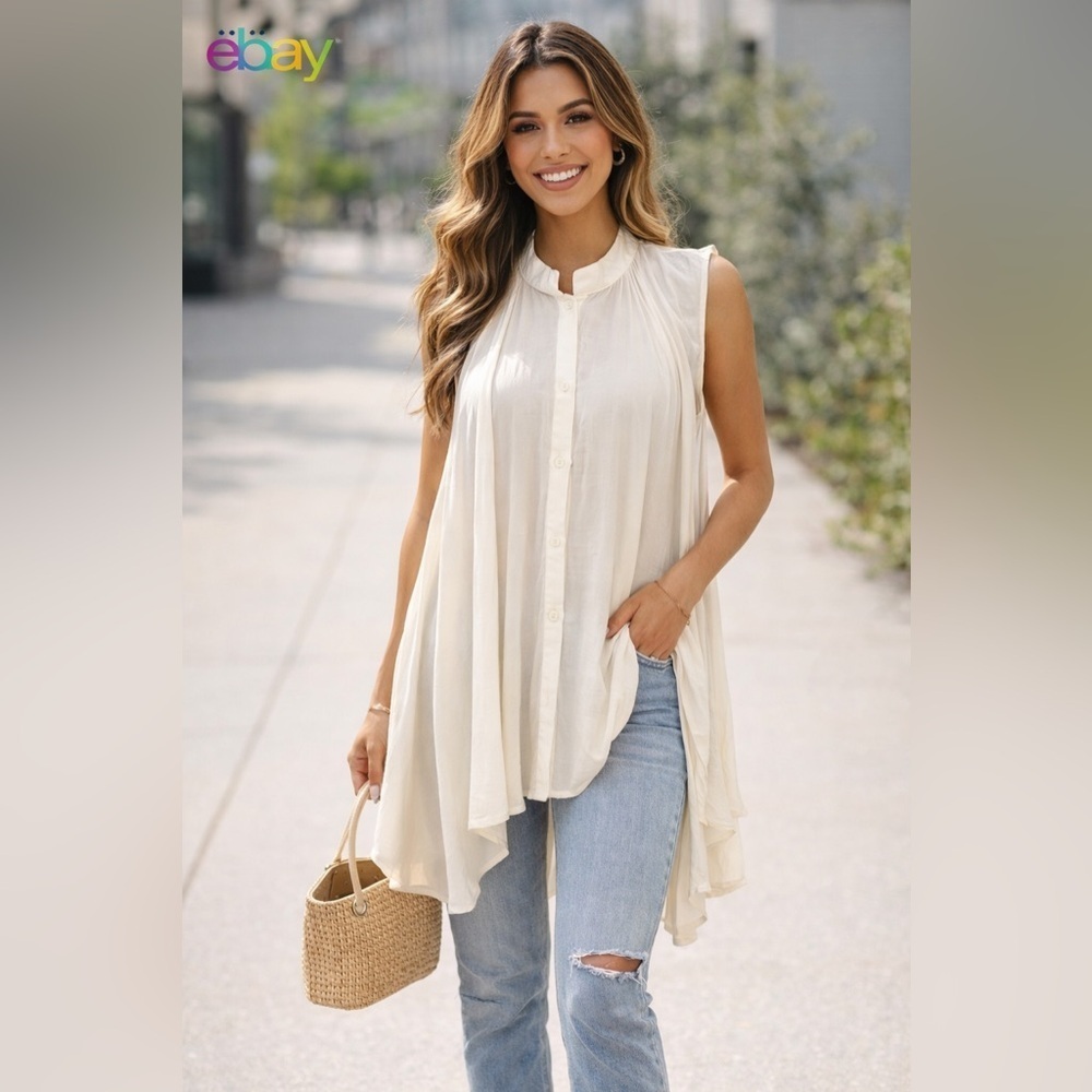 Banjul Cream Oversize Flowy Rayon Top Mandarin Collar Button Front Sz M Coverup